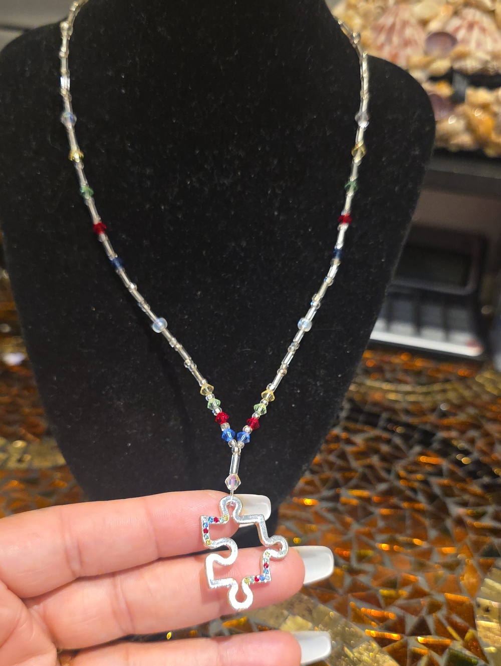 Source Unknown Silver Puzzle Piece Pendant Necklace with Multicolor Beads